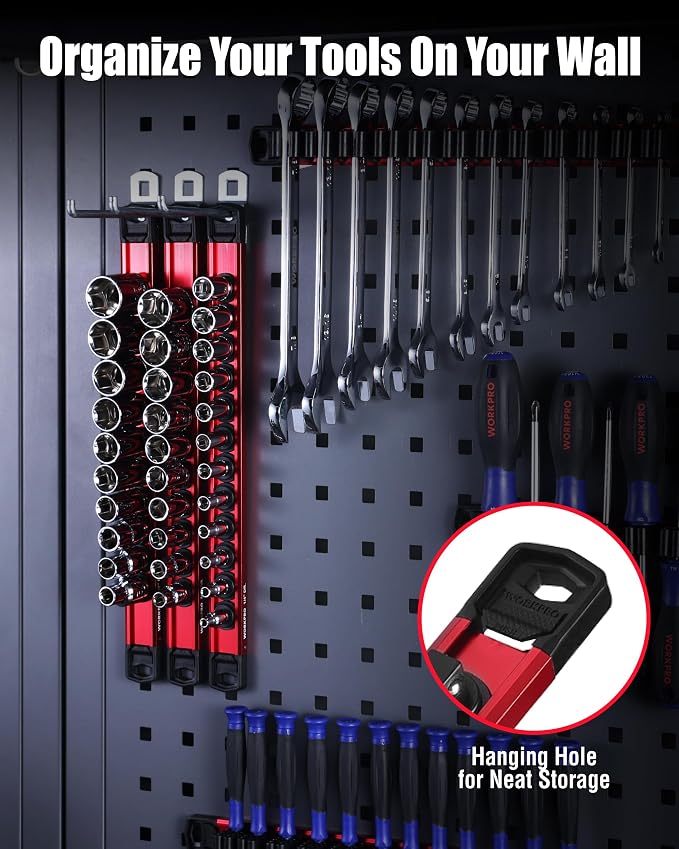 WORKPRO 6-Piece Magnetic Socket and Screwdriver Organizer Set | 3-Piece 1/4", 3/8" & 1/2" Drive Metric & SAE Socket Rails, 3-Piece Screwdriver and Wrench Holders