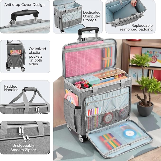 Rolling Teacher Tote Bag with Wheels, Heavy Duty Wheeled Craft Organizer Bag, Portable Art Scrapbook Storage Cart, Travel Office Carry Tote for Women Teachers Craft Supplies Storage Grey