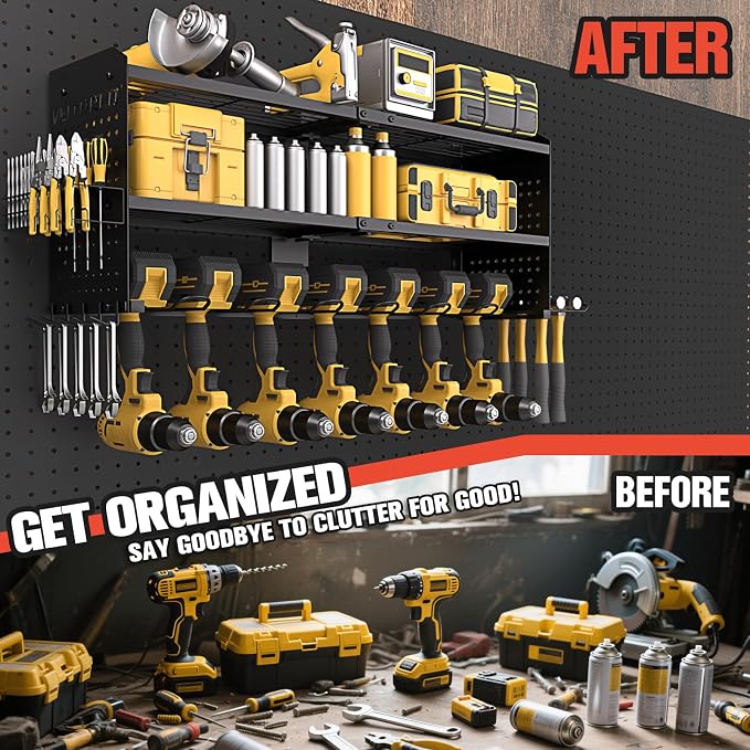 Large Power Tool Organizer Wall Mount, 3-Tier Heavy Duty Metal Loads 260 lbs, 9 Cordless Drill Holder Garage Tool Storage Rack, Utility Shelf for Workshop Shed Basement, Gifts for Men Dad Husband