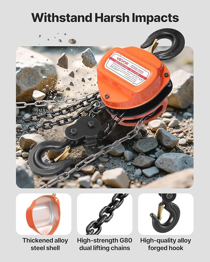 VEVOR Hand Chain Hoist, 2 Ton 4400 lbs Capacity, Manual Chain Block with Upgrade G80 Galvanized Chain, 20 ft Lifting Height, Heavy Duty Pulley Hoist for Garage Warehouse Automotive Machinery, Orange