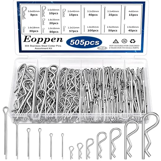 505Pcs Cotter Pin Assortment Kit - 304 Stainless Steel 13 Sizes Cotter Pins & R Clips Cotter Pin Set for Hitch Pin Lock Systems