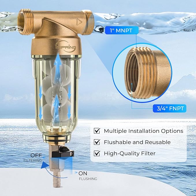 iSpring WSP-500SL Reusable Whole House Spin Down Sediment Water Filter, Siliphos Helps Prevent Scale and Corrosion, 1" MNPT + 3/4" FNPT, 500 Micron