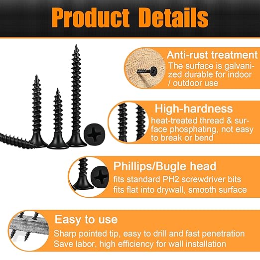 Dianrui 1020 PCS High Hardness Wood Screws Assortment Kit, #6#8 Drywall Screws, Assorted Black Wood Screws, Phillips Flat Head Screw Set-13 Sizes (5/8",3/4",1",1-1/4",1-1/2",2",2-3/4")