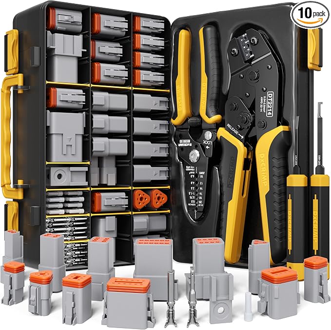 DT Series Connector Crimping Tool Kit, 2-12 Pin Waterproof Connectors, Size 16 Stamped Contacts (22-14 AWG), Ratcheting Crimper Stripper & Removal Tools for Auto, Compatible with Deutsch DT