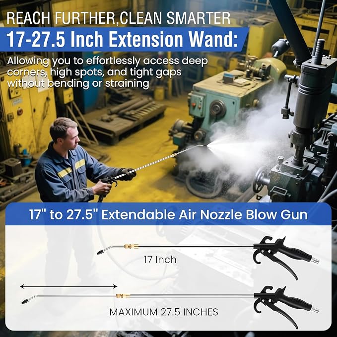 High Pressure Air Blow Gun, Extension Long Air Nozzle Blower Wand Fit 1/4" NPT Inlet & Lever Grip, Heavy Duty Industrial Blow Gun Pneumatic Tool for Radiator Compressor Attachment(1 Pc,17-27.5 Inch)
