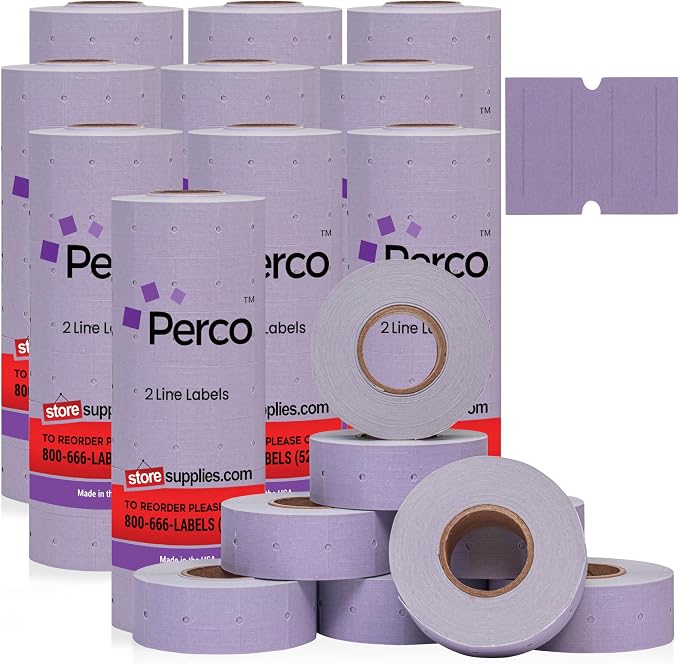 Perco 2 Line Lavender Labels - 60,000 Blank Price and Date Gun Labels for Perco 2 Line Price and Date Guns - 80 Rolls, 10 Sleeves - Made in USA