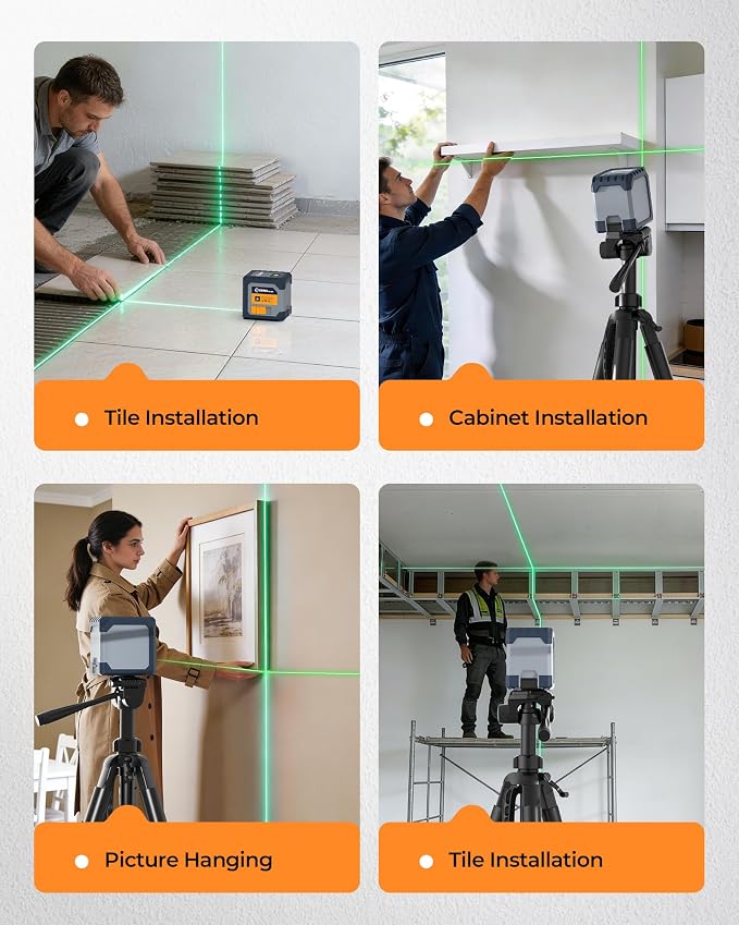 CIGMAN CM-G02 Cross Line Laser Level, Green Self-Leveling Line Laser with Rechargeable Battery, ±3mm Accuracy at 33ft, Magnetic Bracket, for Picture Hanging, Interior Decoration & DIY