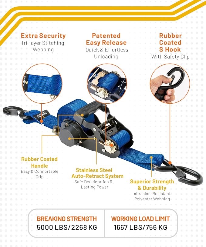 Strapinno 2PCs Retractable Ratchet Tie-Down Straps,5,000 lbs Breaking Strength- 2 in x 12 ft Heavy Duty Ratchet Strap with Safety Lock S Hooks for Motorcycles, ATVs, UTVs, Lawn Equipment & Cargo -Blue