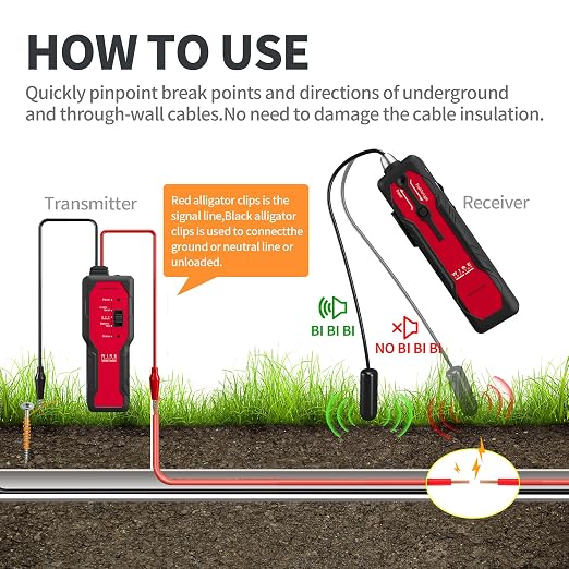 Underground Wire Locator – Rechargeable Cable & Pet Fence Break Detector, 2.6ft Depth, Earphone Support, Model NF-817L