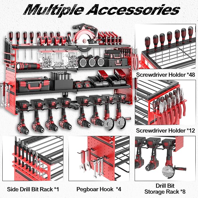 Power Tool Organizer Wall Mount, Cordless Drill Hanger Storage Rack 8 Drill Holder, 4 Layer Heavy Metal Large Capacity Tool Rack for Garage Organization (Red, 8 Drills Holder)