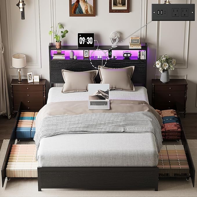 VINGLI Full Bed Frame with 4 Storage Drawers and Adjustable Headboard Shelf, Metal Double Platform Captain Bed with Charging Station and RGB LED Lights, No Box Spring Needed, Noise Free, Black
