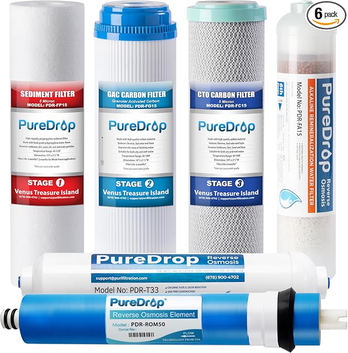 PureDrop PDR-F6K Replacement Reverse Osmosis Water Filter Set for 6-Stage Under-Sink Water Filtration Systems with Alkaline Mineral Filter