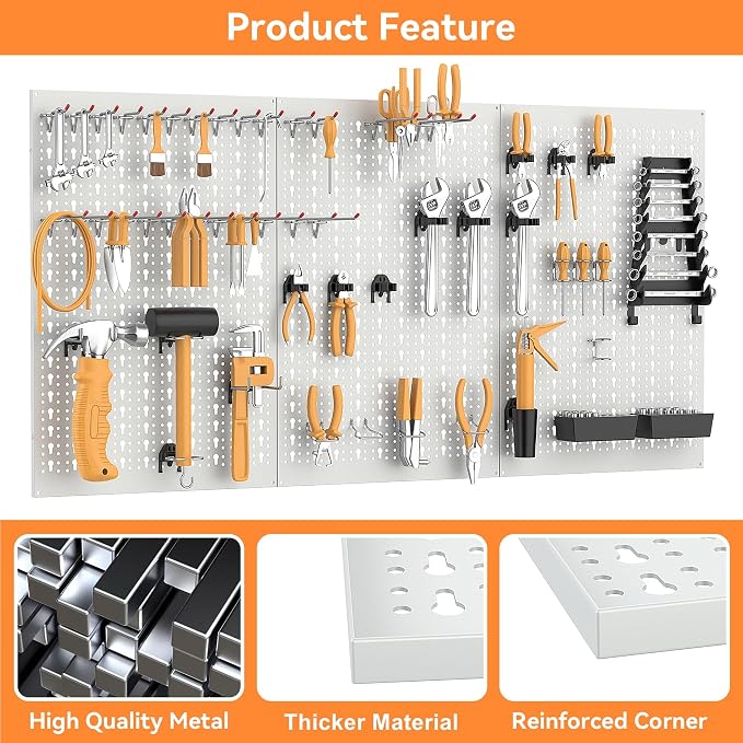 WALMANN Metal Pegboard Tool Organizer Boards with Pegboard Hooks, 24x48 in Tools Organizer Pegboard for Garage, Workbench, Peg Board, Tool Storage Board with Hooks(Grey)