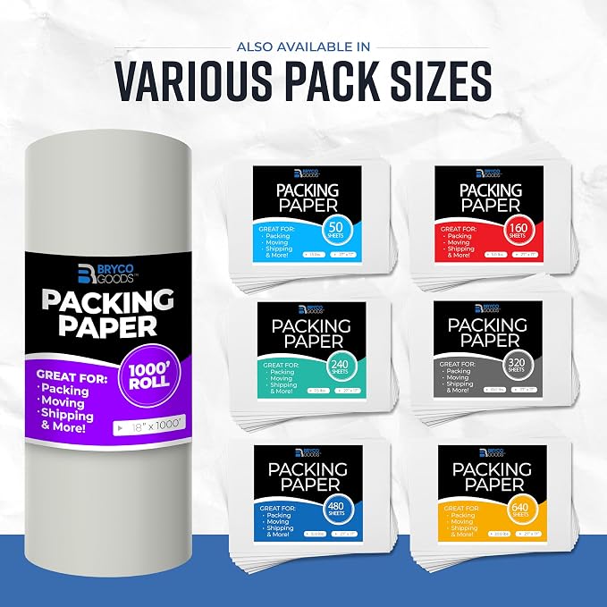 Bryco Goods Large Newsprint Packing Paper Roll - 1000'L x 17.5”W (700 Sheets 17” Long Equivalent) - USA Made - Newspaper Paper - Packaging, Storage, Shipping & Moving Supplies