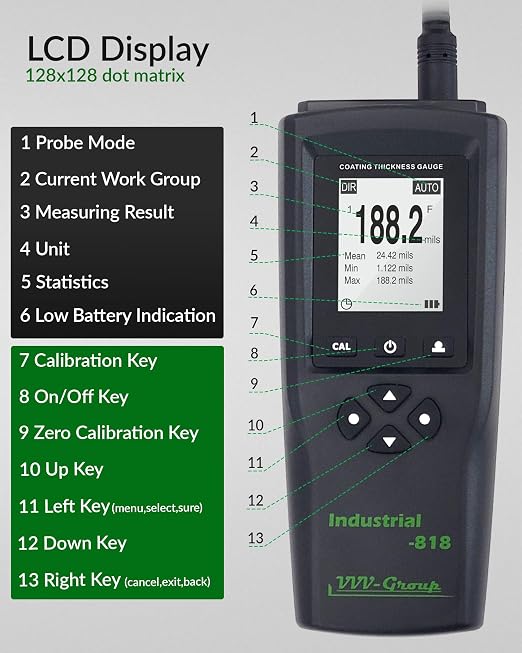 Coating Thickness Gauge Industrial-818 with External Probe – 0–197 mil (0–5000μm) Fe / 0–120 mil (0–3000μm) NFe, 0.001 mil Resolution, Factory/Zero/Multi-Point Calibration, Memory, PC Connectivity