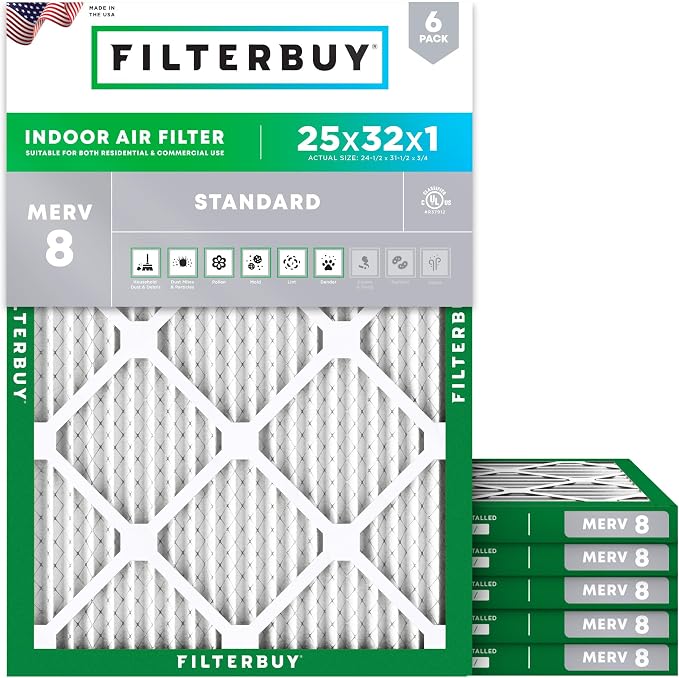 Filterbuy 25x32x1 Air Filter MERV 8 Essential Dust & Allergy Defense (6-Pack), Electrostatic Pleated HVAC AC Furnace Filters Replacement, Made in USA (Actual Size: 24.50 x 31.50 x 0.75)