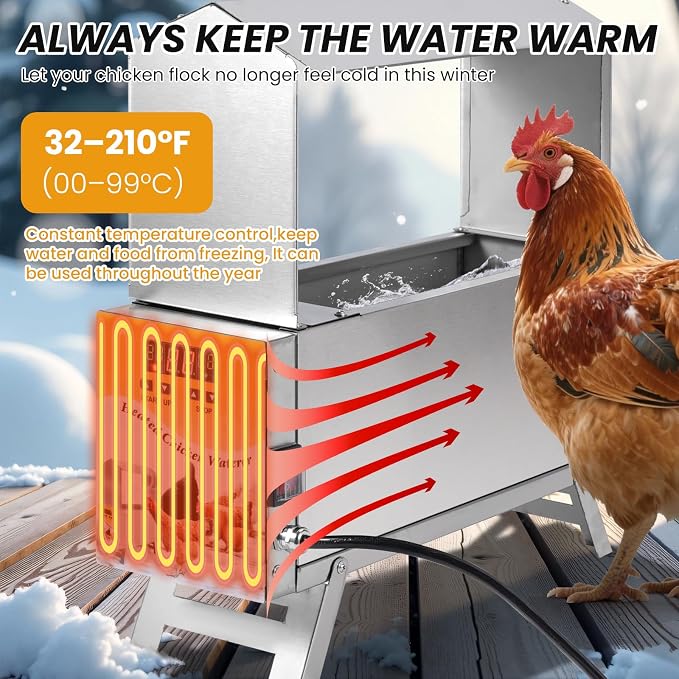 1.5 Gallon Heated Chicken Waterer Automatic Chicken Water Heater for Winter, Freeze Proof Poultry Drinker Watering System