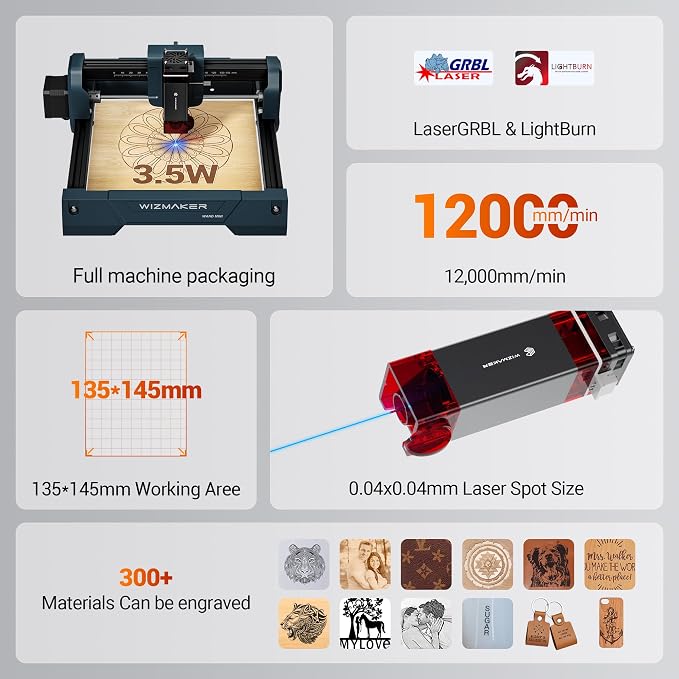 WIZMAKER 3.5W Laser Engraver, DIY Laser Engraver, Spot Size 0.04mm, Engraving Speed 12000 mm/min, Supports WiFi/Hotspot/USB, Suitable for Wood, Leather, Acrylic, and Glass Materials