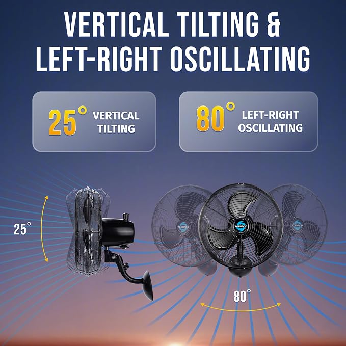 Tornado 16-Inch Pro Series Waterproof Outdoor Oscillating Wall Mount Fan – Heavy-Duty High-Velocity Metal Fan for Industrial, Commercial, Residential, and Greenhouse Use – UL Safety Listed