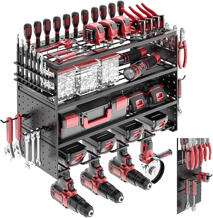 Power Tool Organizer Wall Mount - 4 Layer Metal Power Tool Storage Rack, Cordless Tool Holder with 4 Hooks, Utility Storage Rack for Garage Workshop Shed Pegboard