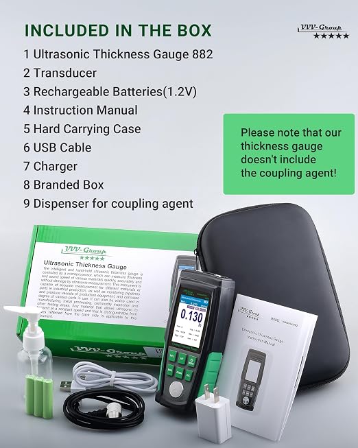 Ultrasonic Thickness Gauge Industrial-882 – Metal Thickness Tester for Steel, Pipes and Industrial Materials, 0.039–8.858 in (1–225 mm) Range, Color LCD, Auto Calibration, Handheld Thickness Tester