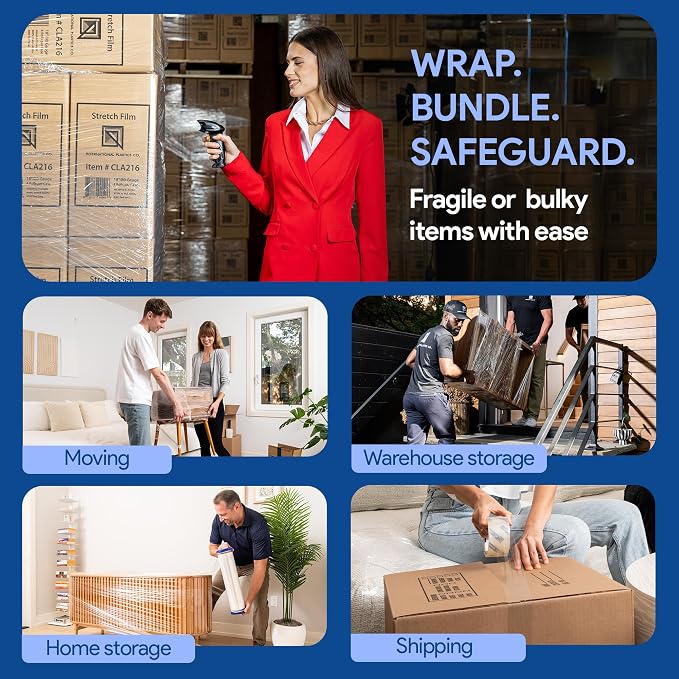 International Plastics Co. 18" Stretch Film/Wrap 1500 feet 7 Layers 80 Gauge Industrial Strength up to 800% Stretch 20 Microns Adhering Packing Moving Heavy Duty (Clear, 4 Pack - Tension Handles)
