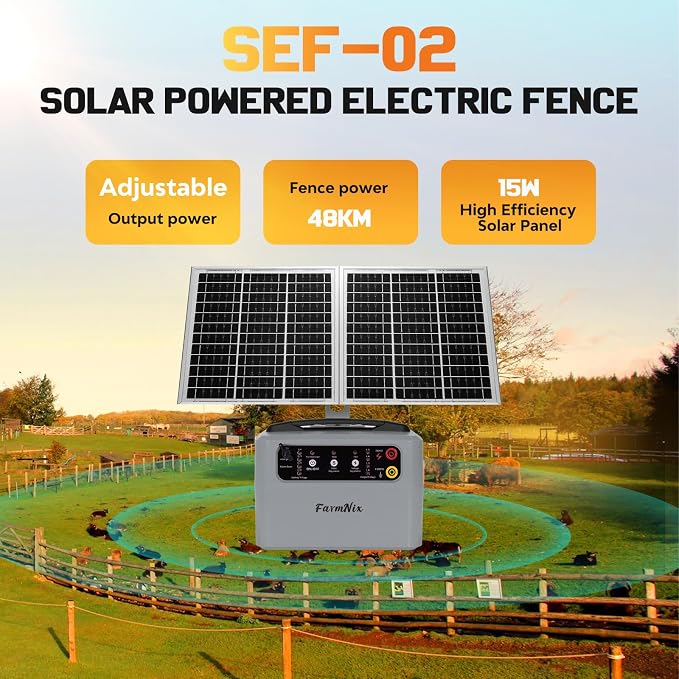 30Miles Solar Fencer Kit Solar Electric Fence Charger for Livestock,Adjustable 6-12kv Output Hight Power 15W 1.5J Electric Fence Controller,Garden Ranch Fencing Charger for Horse Goat Cattle Deer