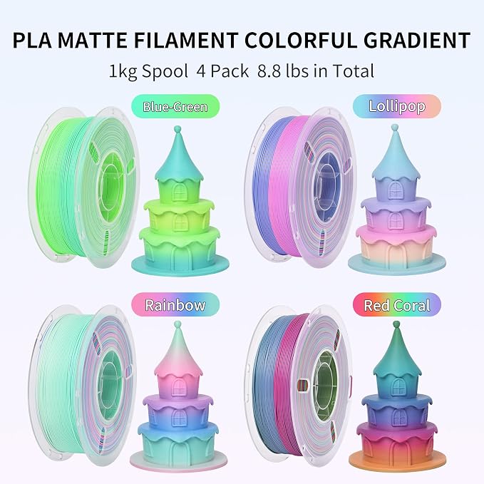 RAMBERY 4 Colors Matte Rainbow PLA 3D Printer Filament Bundle Fast Color Change 3D Printing Filament 1.75mm +/- 0.02mm, 1kg(2.2lb) X4PCS, Matte Rainbow/Lollipop/Red Coral/Green-Blue