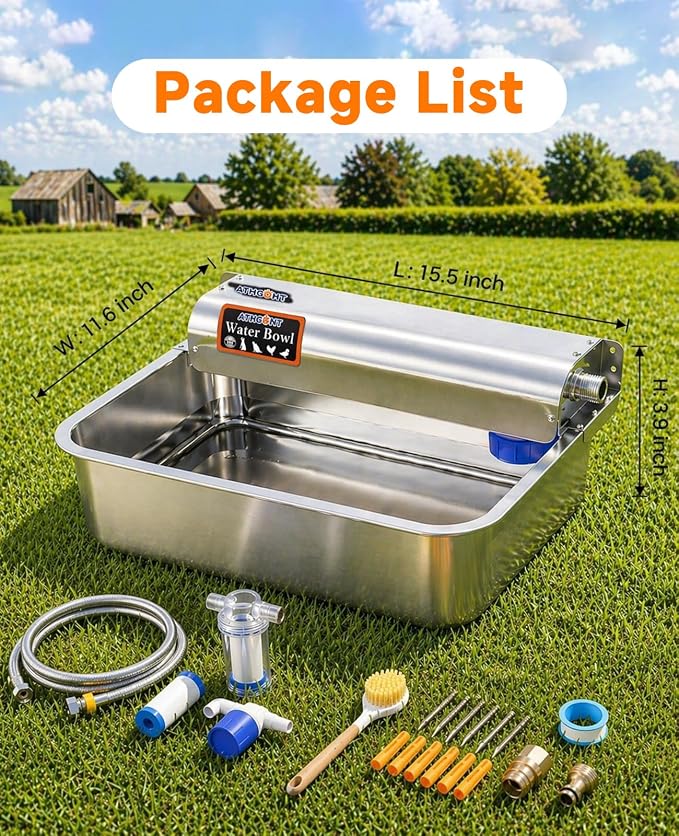 3 Gallon Automatic Chicken Waterer, Real 304 Stainless Steel Metal Poultry Waterer with Upgraded Float Valve, Extra Filter, 1.5M Hose (Stainless Steel Auto Waterer Set)