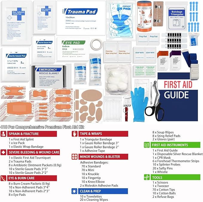 Waterproof First Aid Kit 418Pcs for Car Home Outdoor Emergency Survival | Color-Coded Organized Pockets, Dual-Handle Design; Waterproof Material for Car Home Hiking Backpacking and Daily Emergencies