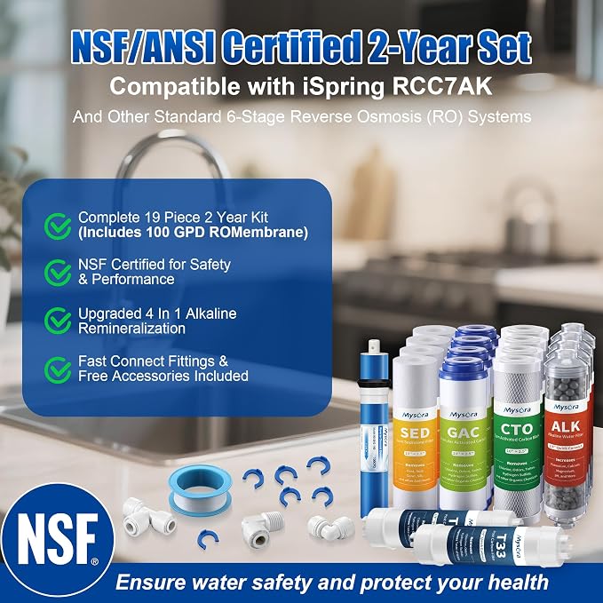 F19K75 NSF Certified 2-Year Replacement Filter Cartridge Set Compatible with iSpring RCC7AK, 19-Count for Standard 6-Stage Reverse Osmosis (RO) Systems with Alkaline Remineralization Filter