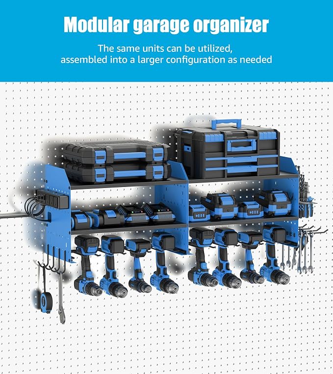 CCCEI Modular Power Tool Organizer Wall Mount with Charging, Blue, 1 Pack | Drill & Battery Storage Rack with Peg Hooks, Garage Workshop, Gifts for Men, Husband, Anniversary, Birthday