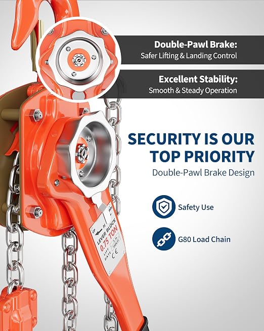 Manual Lever Chain Hoist 3/4 Ton 1650 lbs Capacity, 10FT Come Along with G80 Galvanized Steel Chain, Weston Double Pawl Safety Brake, 360° Swivel Hook for Garage, Factory, Dock, Construction