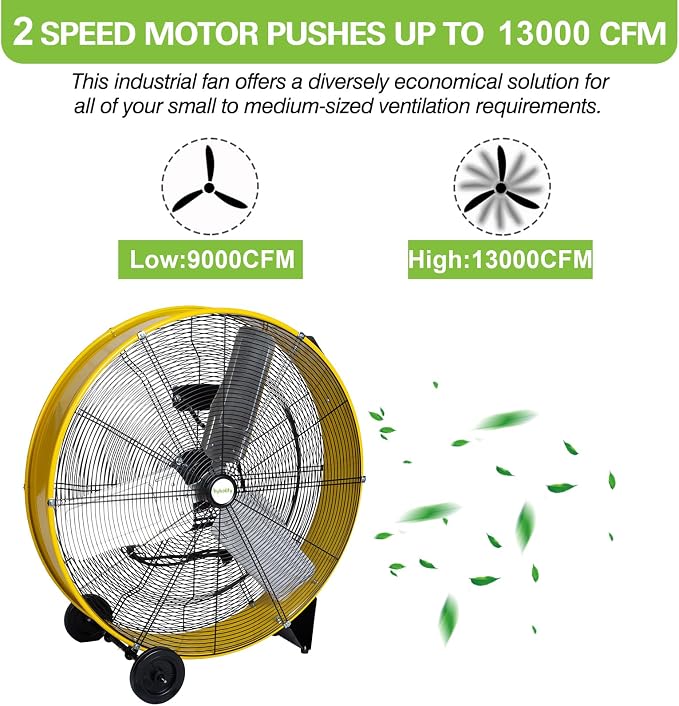 hykolity 30in. 2-Speed 13000 CFM High Velocity Drum Fan, Heavy Duty Industrial Shop Fan for Factory, Warehouse, Garage, Workshop, Commercial, and Basement, UL Listed, Yellow