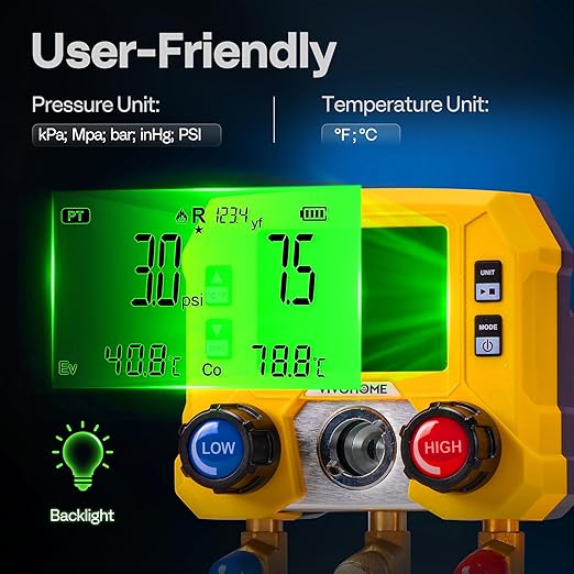 VIVOHOME Digital HVAC Manifold Gauge Set with R134a R1234yf Quick Couplers and Can Taps, Refrigeration Car AC Gauges with 3 Hoses for R134a R410a R32 R1234yf R454B Refrigerant Recharge Kit