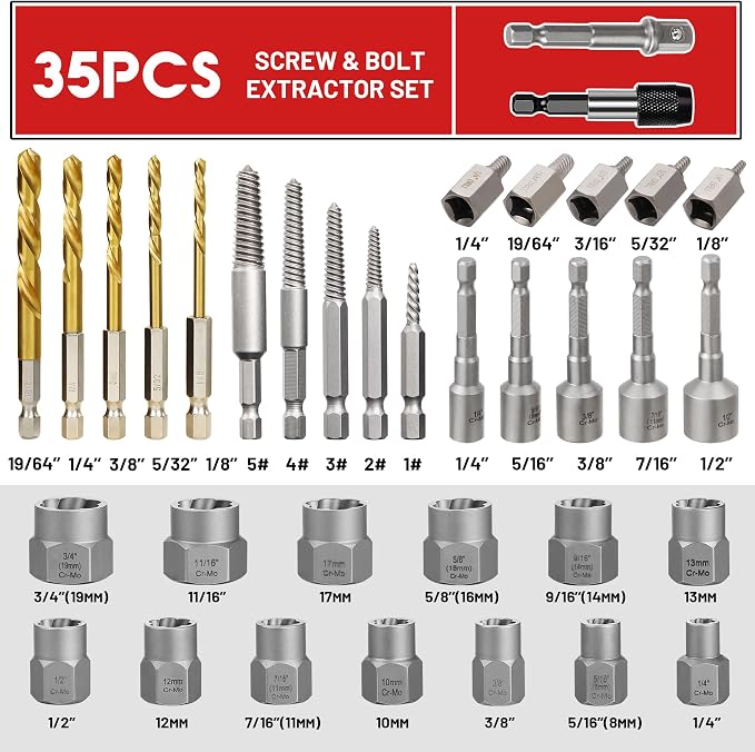 35Pcs Screw Bolt Extractor Set, Left Hand Drill Bit Set 6542/4341 HSS, Easy Out Bolt Extractor Set with Hex Adapter, Stripped Bolt Remover for Broken Rusted Nuts Screws, Bolts, Studs