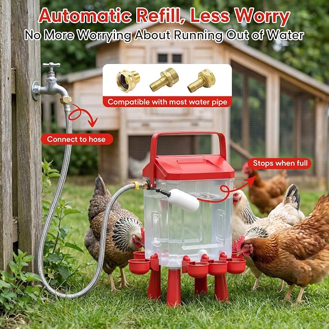 3 Gallons Automatic Chicken Waterer with 8 Chicken Water Cups, 8 Nipples, 6 Plugs, Float-Controlled Chicken Water Feeder with 60 Inch 3/4'' Water Hose, Poultry Waterer Perfect for Chicks, Duck, Goose