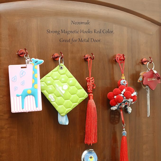 Neosmuk Magnetic Hooks,Heavy Duty Earth Magnets with Hook for Refrigerator, Extra Strong Cruise Hook for Hanging, Magnetic Hanger for Cabins, Grill (Red, Pack of 20)