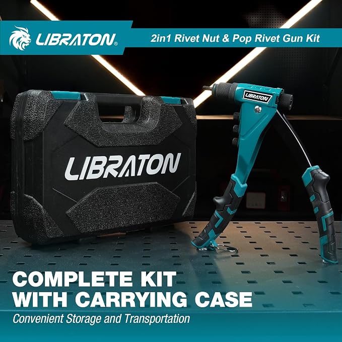 LIBRATON 2in1 Rivet Nut and Pop Rivet Gun Kit, with 8 Mandrels (Metric & SAE), 4 Nose Pieces (2.4-4.8mm), 80 Nuts and 200 Rivets, Adjustable Riveting Tool for DIY & Repair with Carrying Case