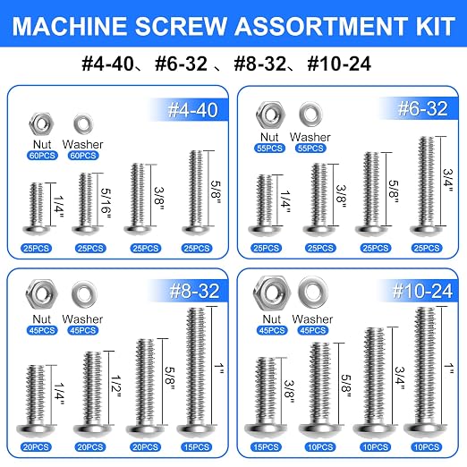 730Pcs Machine Screws Nuts and Bolts Assortment Kit, 304 Stainless Steel Bolts 16 Sizes #4-40#6-32#8-32#10-24 Phillips Pan Head Hardware Screws Assortment Kit with Nuts and Washers