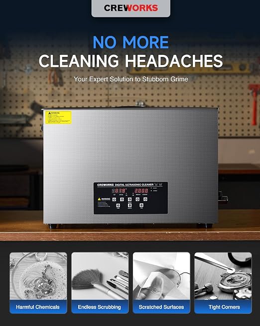 CREWORKS 30L Digital Ultrasonic Cleaner with Degas Gentle Modes, 7.9 gal. Ultrasonic Cleaning Machine, 600W Professional Ultrasound Cleaner with 600W Heater & 30 min Timer for Auto Machine Parts Tools