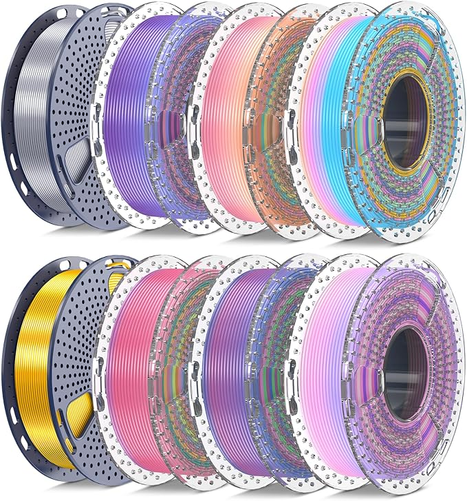SUNLU Silk PLA+ Filament 1.75mm Multicolor 250gx8, Silky Glossy PLA Plus 3D Printer Filament Bundle for Bambu Lab 3D Printers, 6 Rainbow Series+Gold+Silver