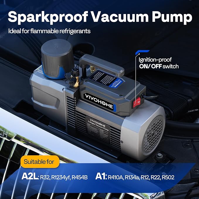 VIVOHOME 1.5 HP 14.4 CFM 2 Stage A2L HVAC Vacuum Pump, Sparkless Motor for R32 R1234yf R454B R134a R22 R410a Systems, Auto AC Vacuum Pump for Air Conditioner Resin Degassing with Oil Bottle