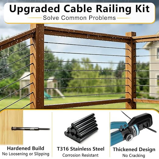 Steel DN Mate 200 Pack Black T316 Stainless Steel Left&Right Handed Thread Swage Lag Screws for Wood Post of 1/8" Black Cable Railing Kit, Deck Stair Railing, DIY Baluster kit, Wrench Included DM45