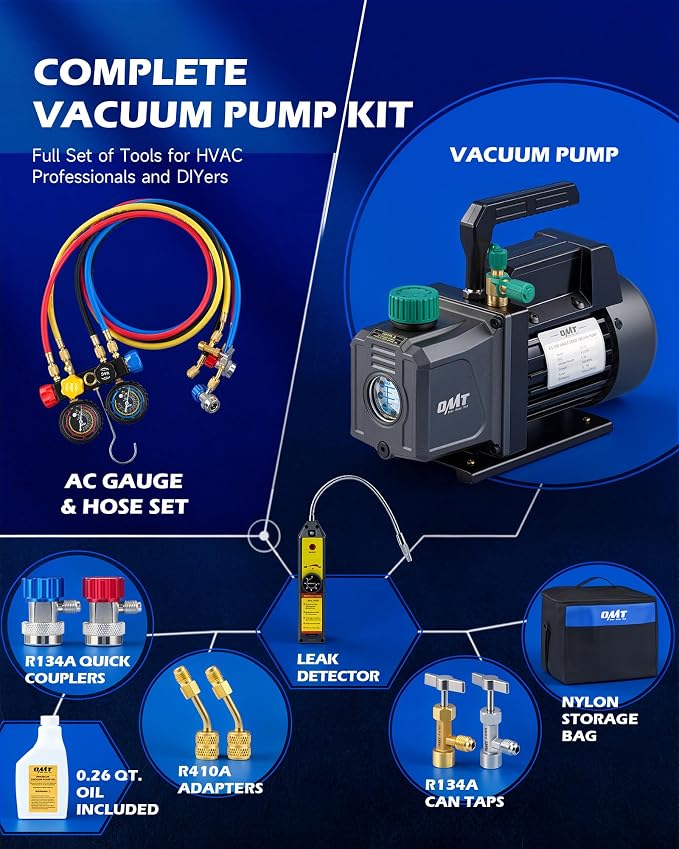 Orion Motor Tech AC Vacuum Pump and Gauge Set, 1/3 HP 4.5 CFM HVAC Vacuum Pump Kit with Leak Detector, 4 Hoses & Manifold Gauge for R134a R22 R410a, A/C Vacuum Pump Kit for Auto & Home HVAC Systems