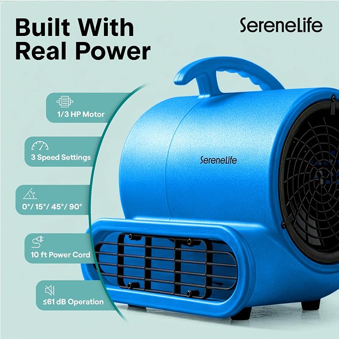 SereneLife Air Mover Blower Fan 1000 CFM – Powerful High Performance 3-Speed Fan for Floor & Carpet Drying, Portable Floor Fan w/Adjustable Tilt, Plug Multiple Units for Home Garage & Restoration Use