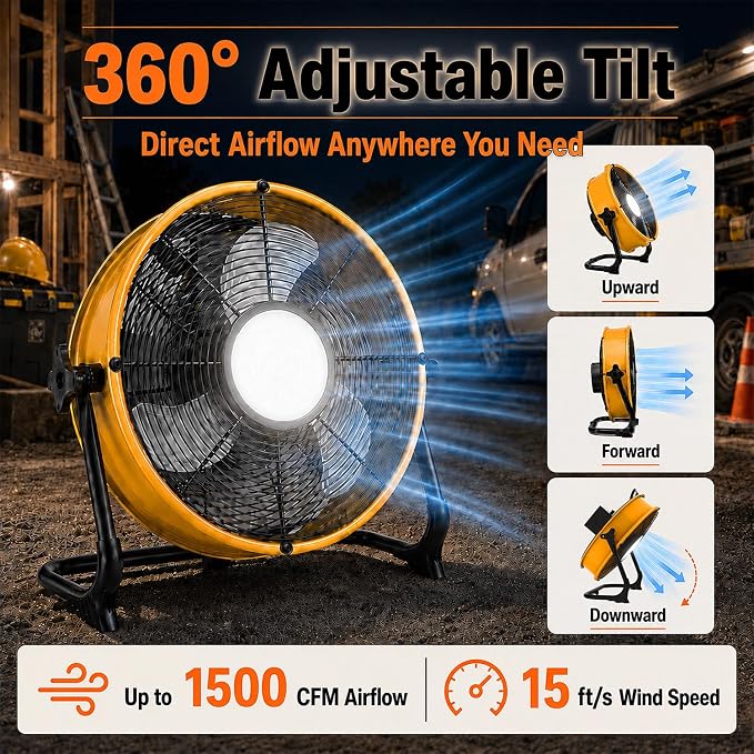 T-SUN 12 Inch Battery Powered Fan with LED Light, Portable Battery Operated Fan Compatible with DeWalt 20V Max Battery, Cordless Floor Fan with USB-C for Garage, Camping, Jobsite & Emergency