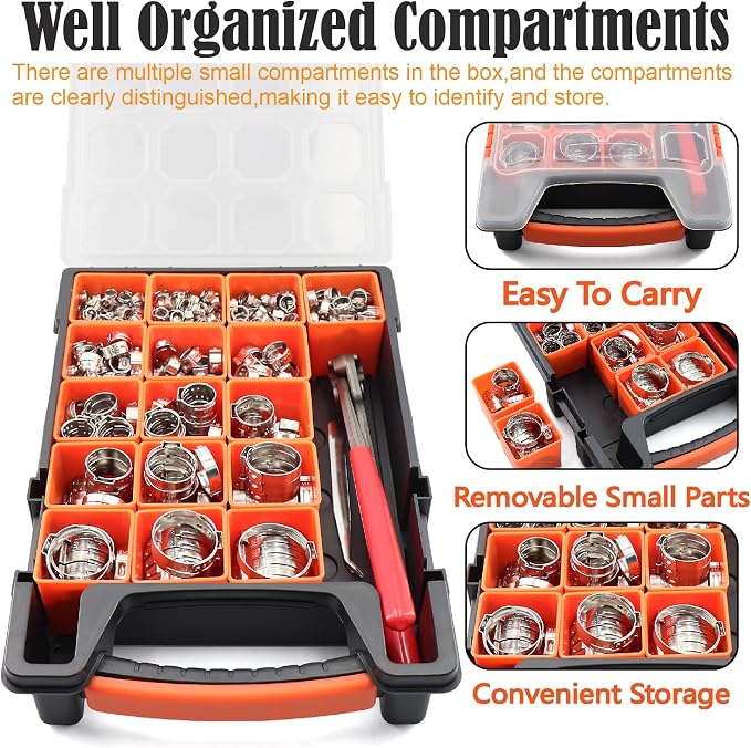 360Pcs 16 Sizes 304 Stainless Steel Stepless Single Ear Hose Clamp Assortment Kit,Adjustable 5.3-36.1mm,with Ear Clamp Pincer Tool,for Fuel Line,Automotive,Industry,Home Pipeline