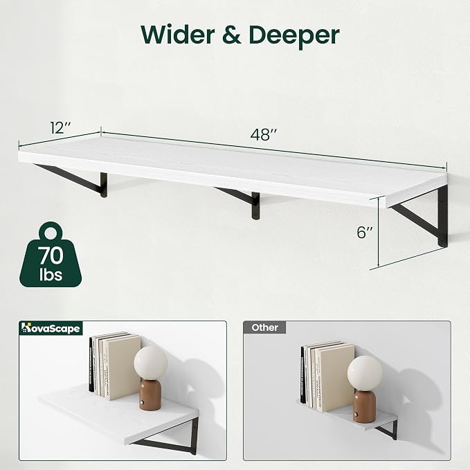 Floating Shelves 12 Inch Deep, 48W x 12D Wall Shelf Set of 2, 70 lbs Heavy Duty Reversible Metal Brackets, Deep Industrial Book Shelf for Living Room Kitchen Bath Bedroom Coffee Bar, White