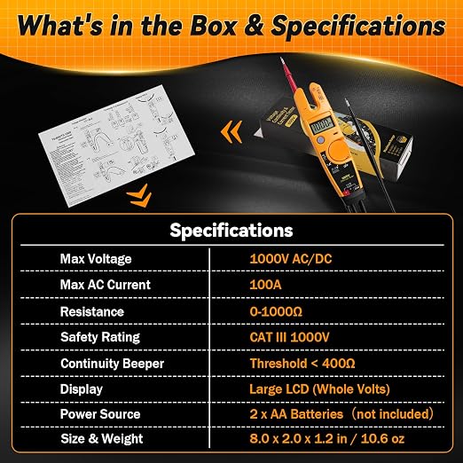 T5-1000 Electrical Tester Replacement for Fluke T5-1000 Meter, 1000V AC Voltage, Current & Continuity Tester with Open Slot Current Measurement, Thin Probes, Auto Range Meter for Electricians